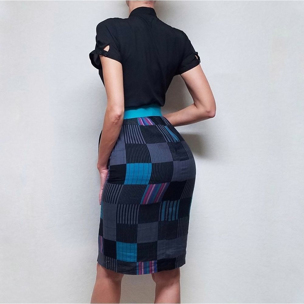 Ms. Interpret Vintage 70s Black Lavallière Patchwork Pencil Skirt Belted Outfit - Picture 5 of 16